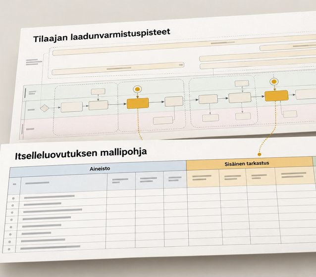 Kuvakaappaus tilaajan laadunvarmistuspisteiden prosessikaaviosta ja itselleluovutuksen Excel-mallipohjasta