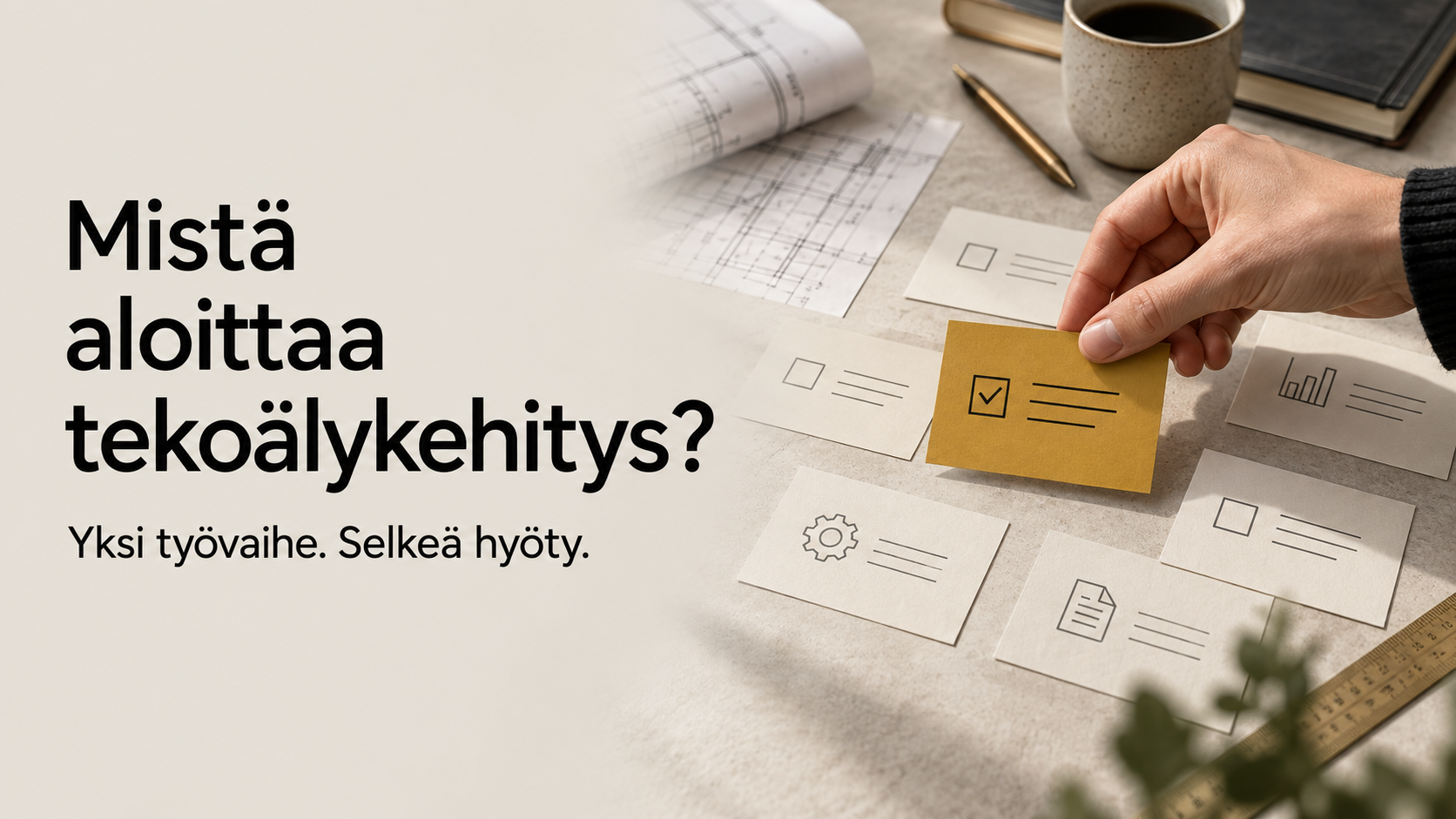 Käsi valitsee kultaisen tehtäväkortin muiden joukosta. Kuvassa teksti: Mistä aloittaa tekoälykehitys? Yksi työvaihe. Selkeä hyöty.