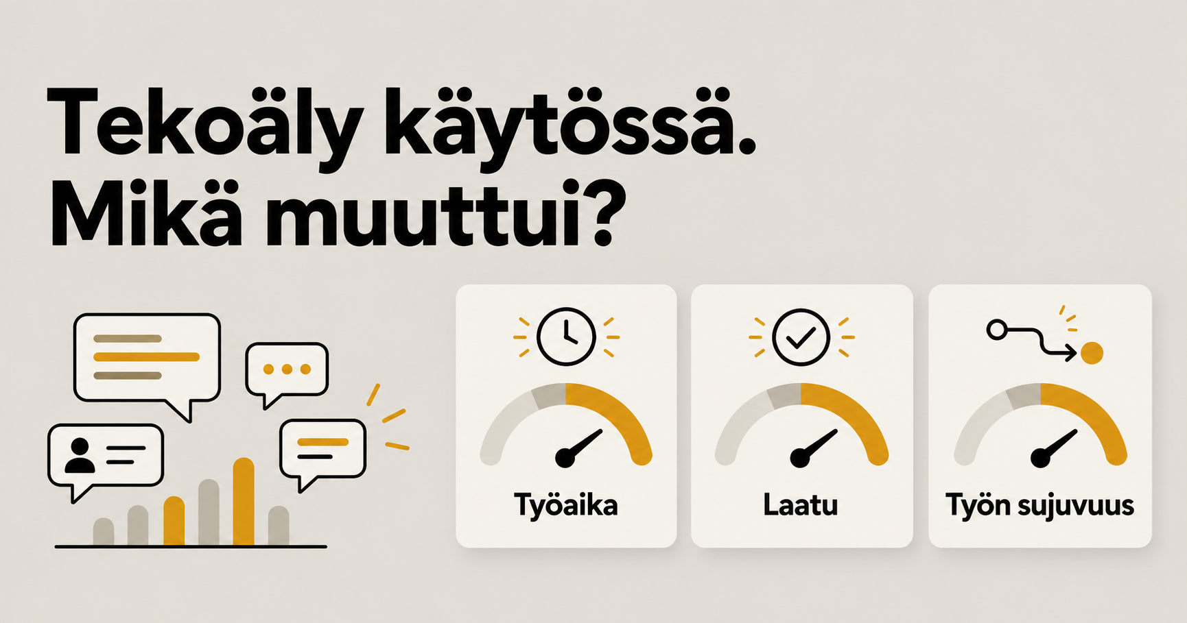 Tekoäly käytössä. Mikä muuttui? Kuvassa tekoälymuutoksen vaikutuksia kuvaavat mittarit: työaika, laatu ja työn sujuvuus.