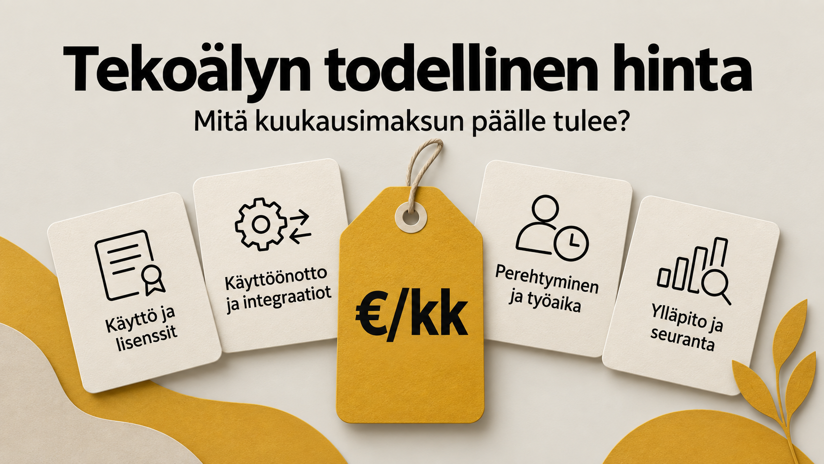 Tekoälyn kustannuksia kuvaava hintalappu, jonka ympärillä ovat käyttö ja lisenssit, käyttöönotto ja integraatiot, perehtyminen ja työaika sekä ylläpito ja seuranta.