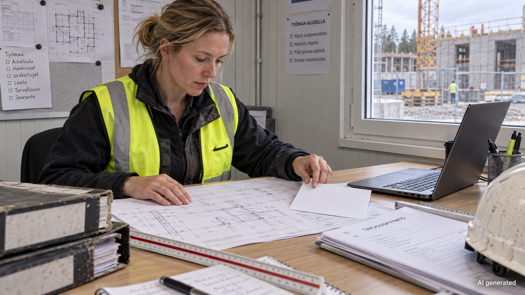 The foreman examines the drawings in the construction site’s warehouse office. There is an invitation to tender on the table and a laptop computer, and the construction site is visible through the window. At the bottom of the image, it reads ”AI generated”.
