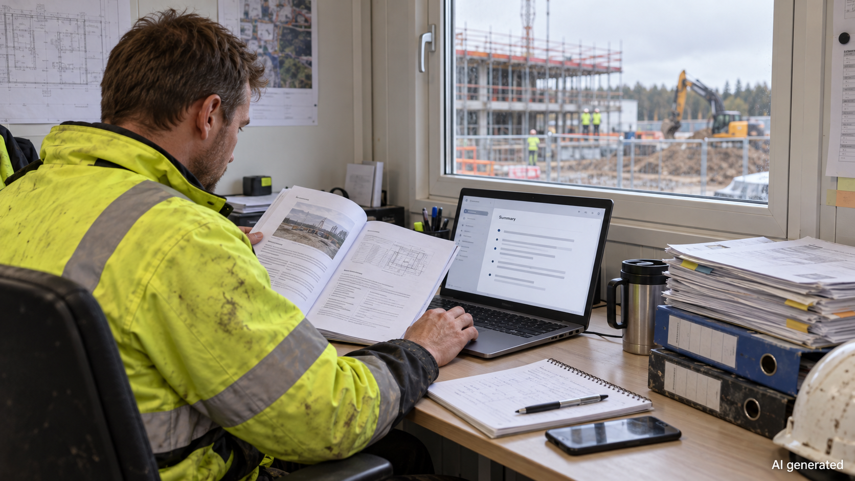 The foreman compares the paper report on the screen of a laptop to the summary in the site office. The construction site is visible through the window. At the bottom of the image it says ”AI generated”.